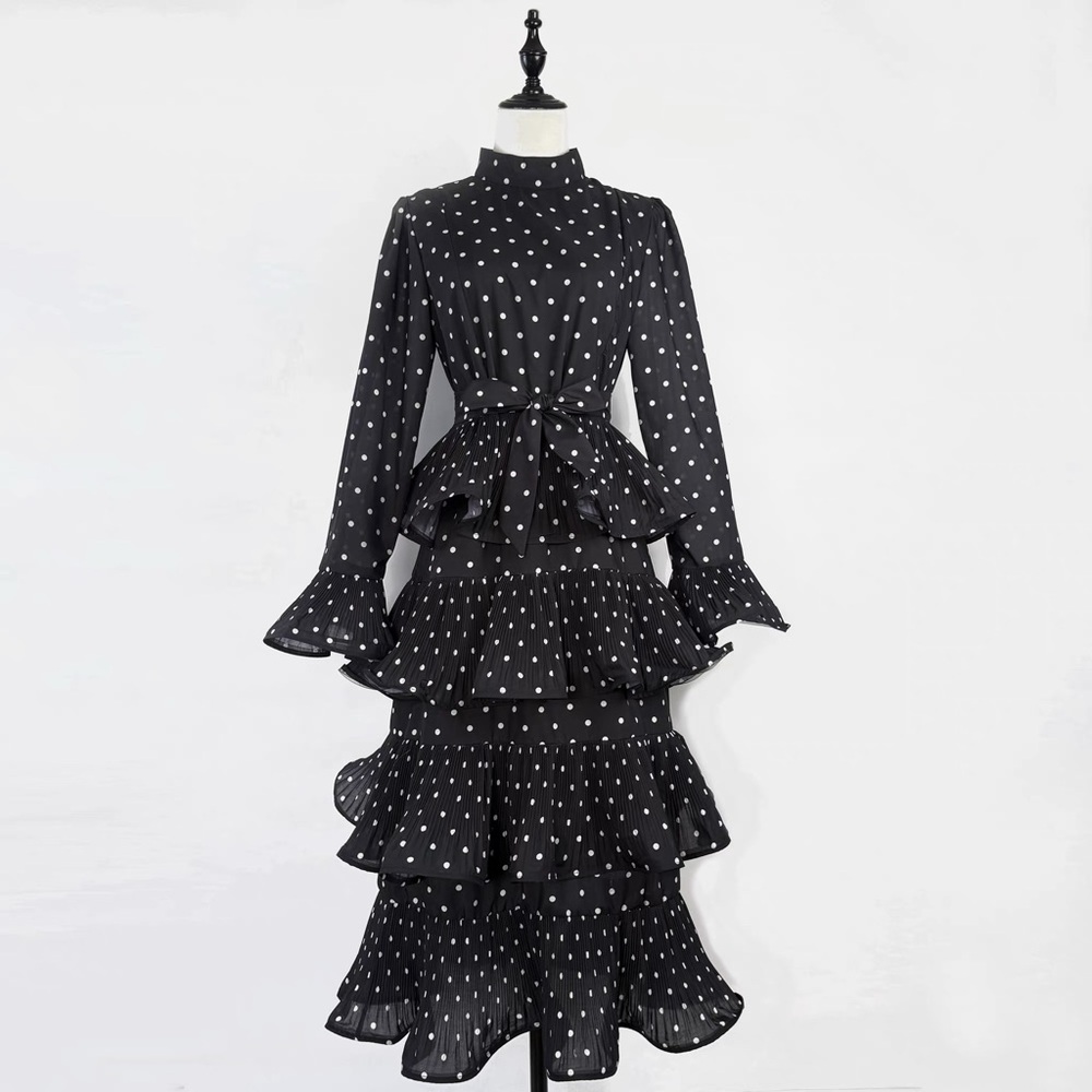 Designer Elaborate Black Polka Dot Ruffled Dress - Picture 2 of 11